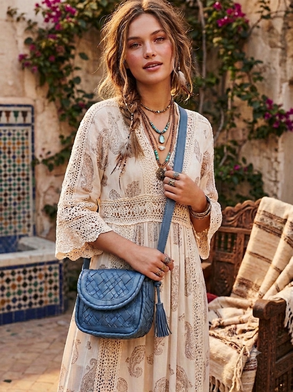 vintage Lockheart Woven Leather Crossbody Bag in Slate Blue